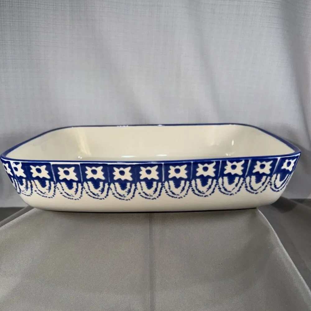Grestel Portugal Stoneware Casserole Baking Dish Blue White Stamped Rectangular